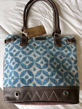 Blue Patterned Canvas Tote with Brown Trim
